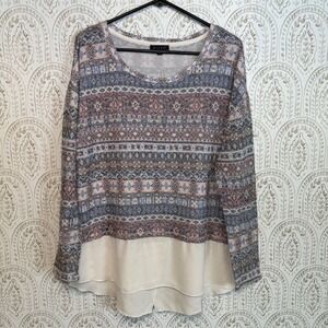Kiara Womens XL Southwestern Fair Isle Mixed Media Layered Hem Top Sahara